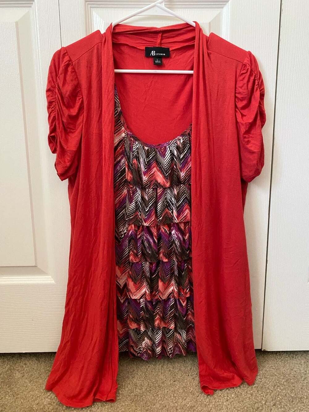 AB Studio Women's Red Short Sleeve Layered Ruffle Top Size L